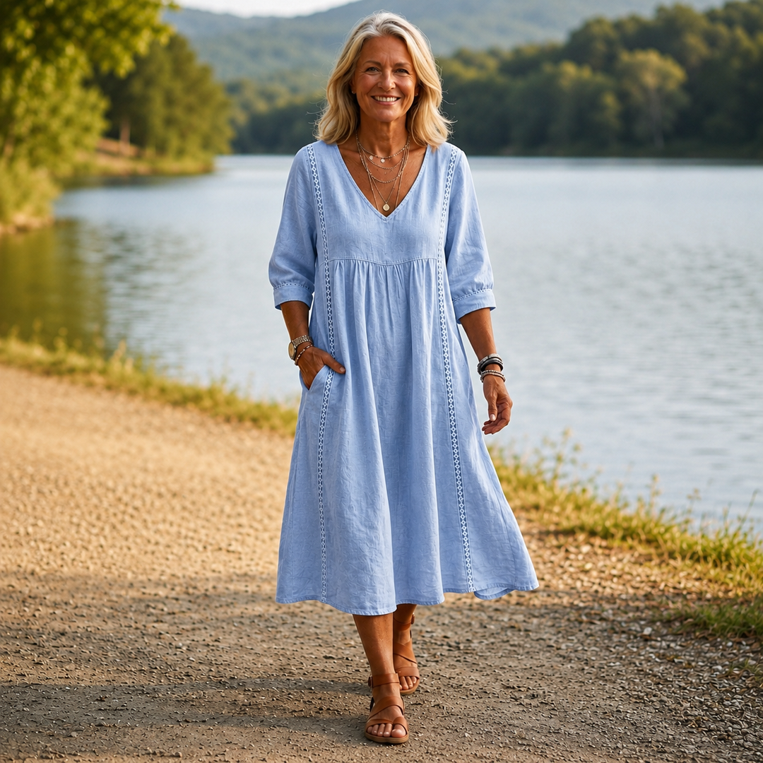 Women's Lightweight Maxi Dress — Ruched 3/4 Sleeve Dress with Pockets