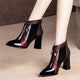 Women's pointed-toe ankle boots with glossy panels and high block heels