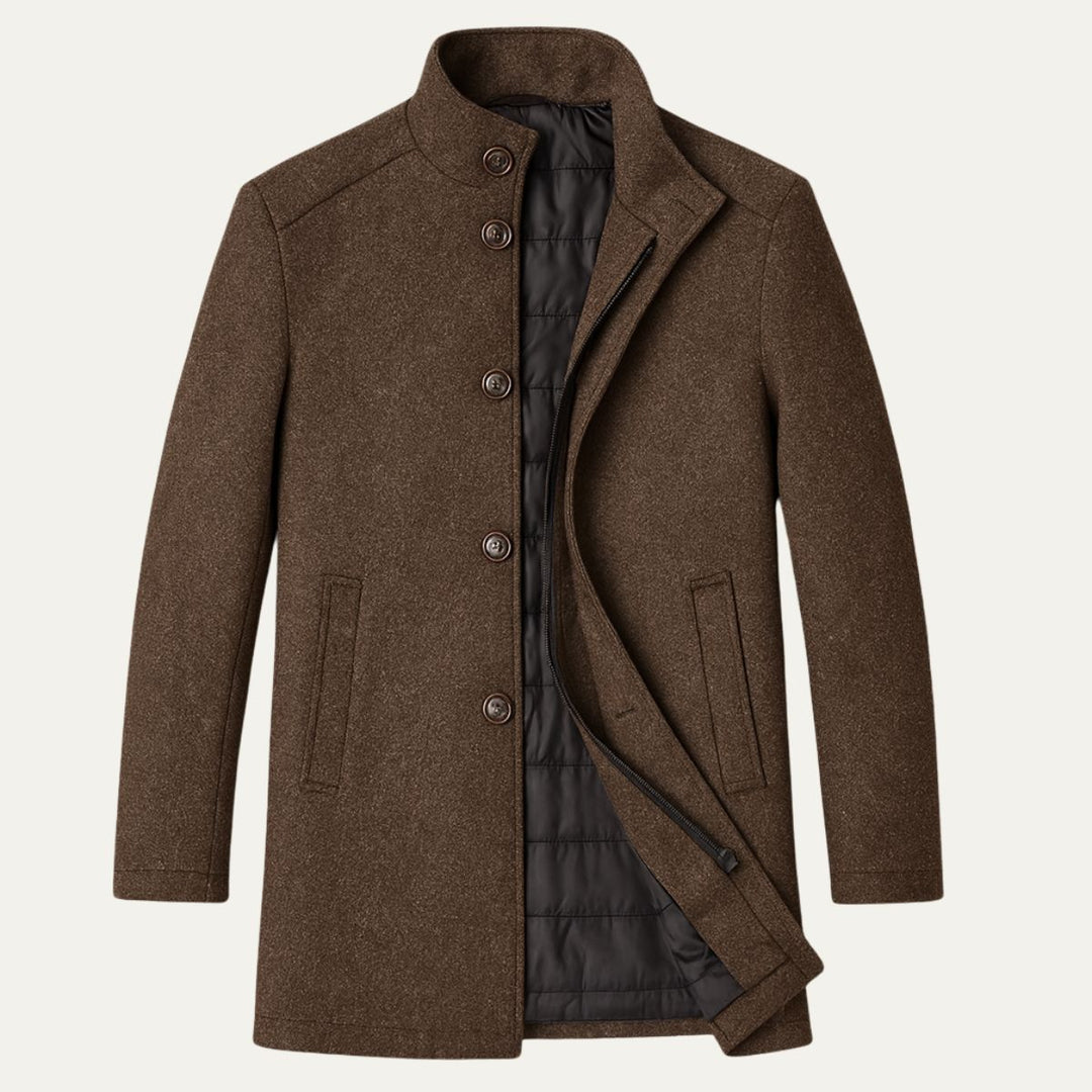 Men's mid-length patterned coat with high collar and button front