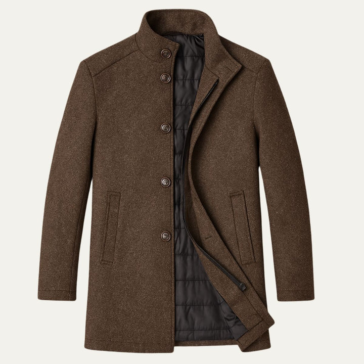 Men's mid-length patterned coat with high collar and button front
