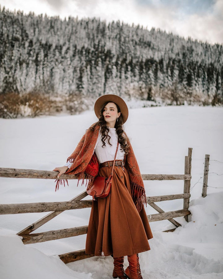 Women's brown button-front A-line midi skirt with belt