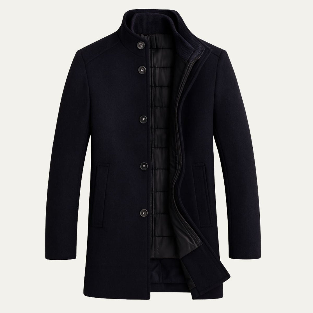 Men's mid-length patterned coat with high collar and button front