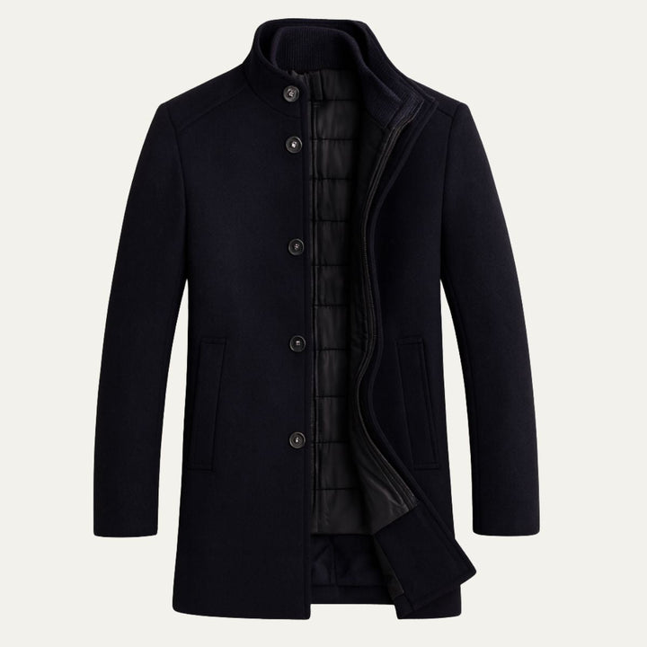 Men's mid-length patterned coat with high collar and button front