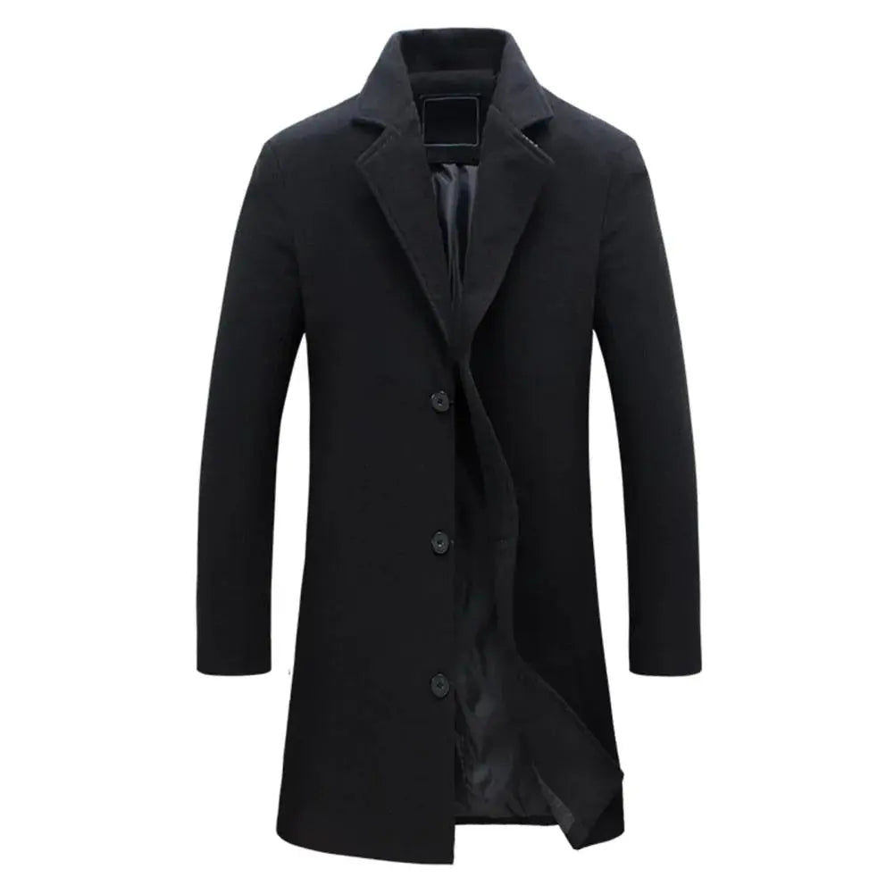 Men's tailored fit long coat with notched lapels, button fastening and side pockets