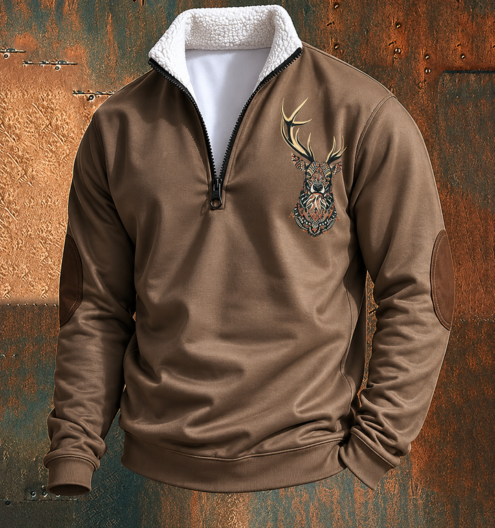Men's quarter-zip pullover with high collar and deer embroidery