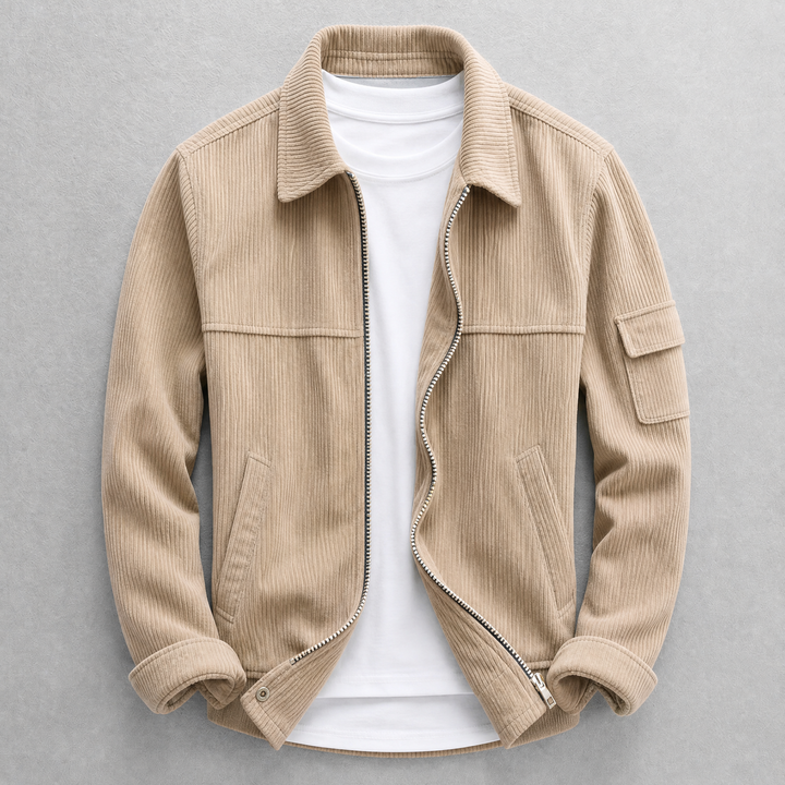 Men's corduroy utility jacket with zip front, pointed collar and sleeve pocket