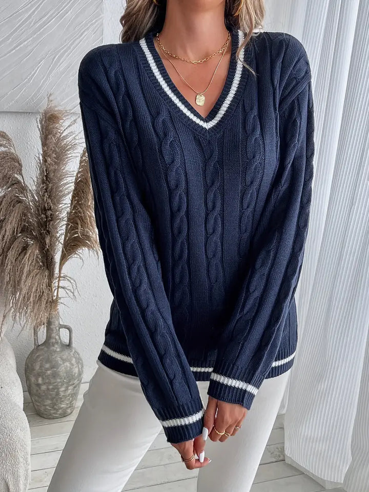 Women's navy cable knit V-neck jumper with white striped trims
