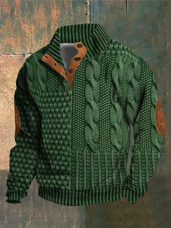Men's textured cable knit jumper with mock neck and button detail