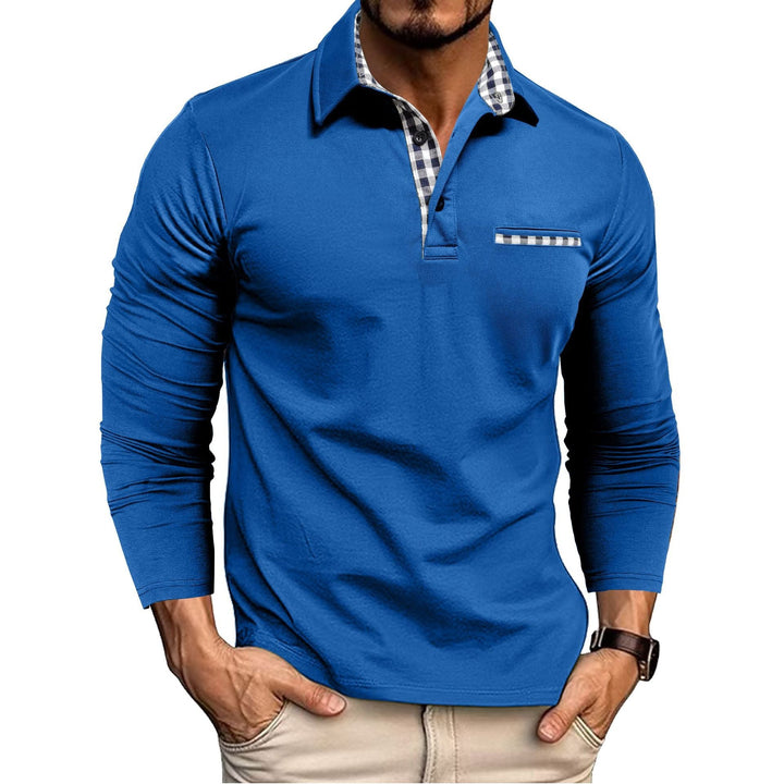 Men's long sleeve polo shirt with checked collar and chest pocket trim