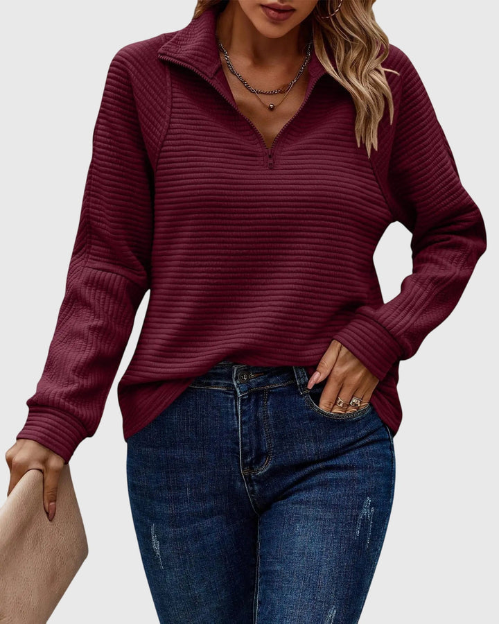 Women's ribbed quarter-zip sweater with mock collar and long sleeves