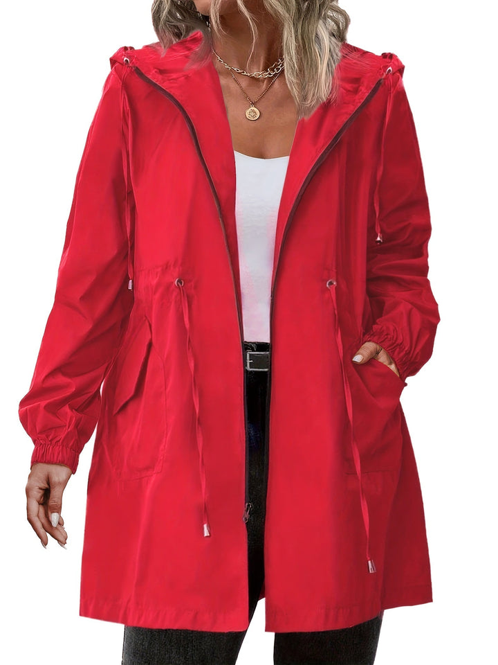 Women's long hooded raincoat with zip front, drawstring waist and front pockets
