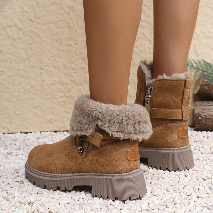 Women's brown winter ankle boots with fur collar, buckle strap and heart charm
