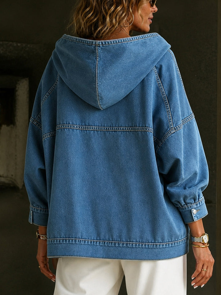 Women's blue hooded sweatshirt with long sleeves, seam detailing and front pouch pocket