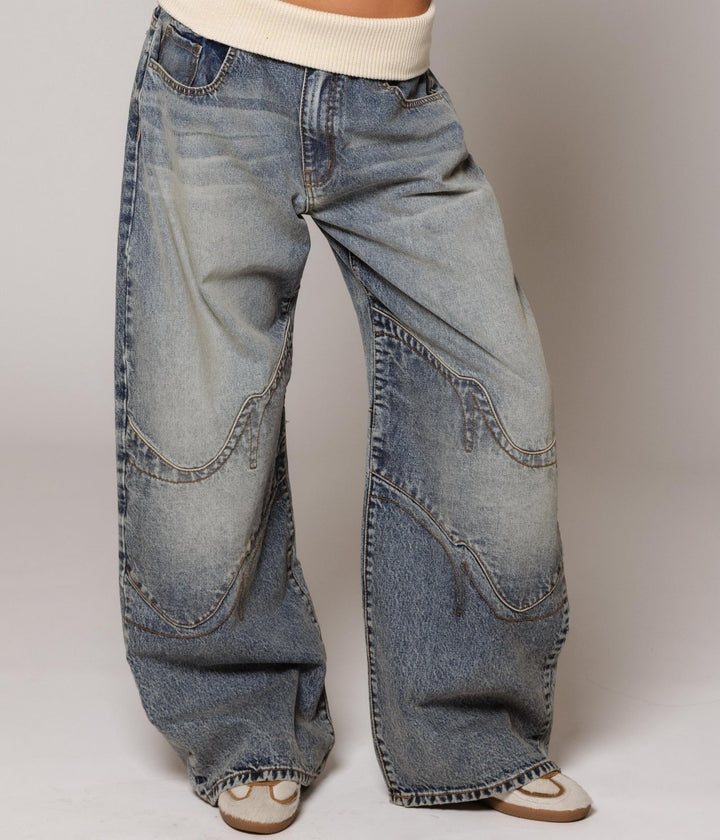 Women's washed blue wide leg jeans