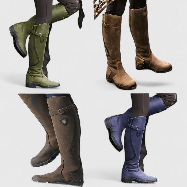 Women's cushioned orthopedic boots with adjustable buckle strap, suede-like upper, and grooved sole.