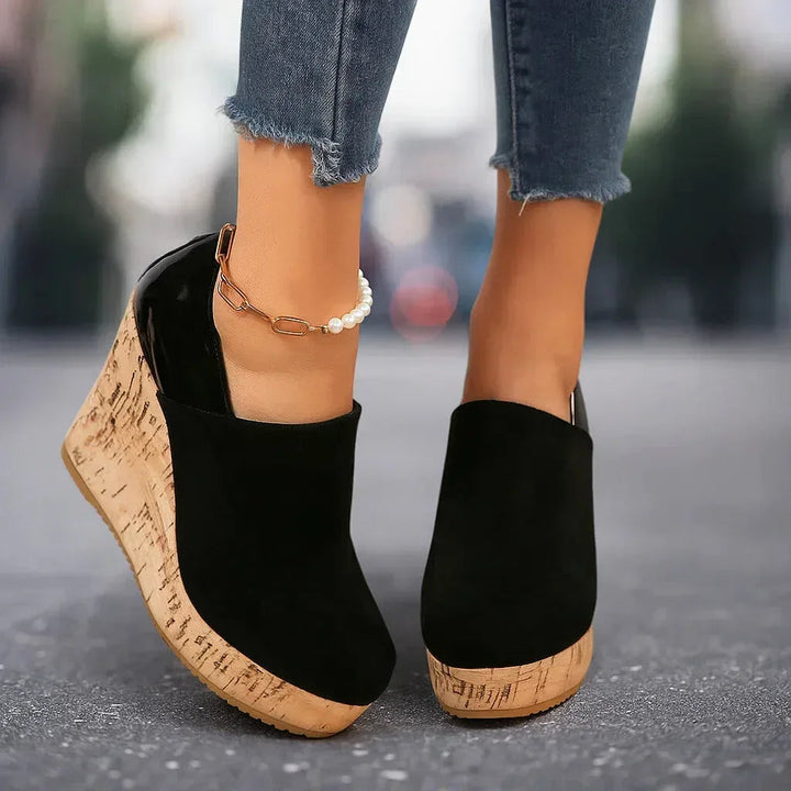 Women's platform wedge ankle booties with textured cork-look soles