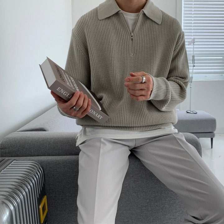 Men's ribbed quarter-zip collared sweater with long sleeves