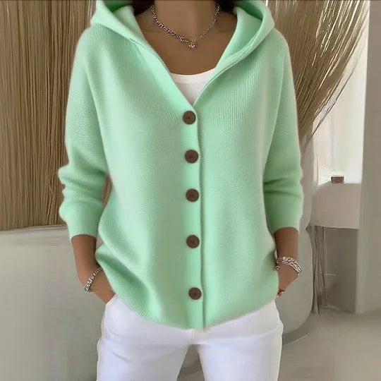 Women's hooded knit cardigan with button front, long sleeves and pockets