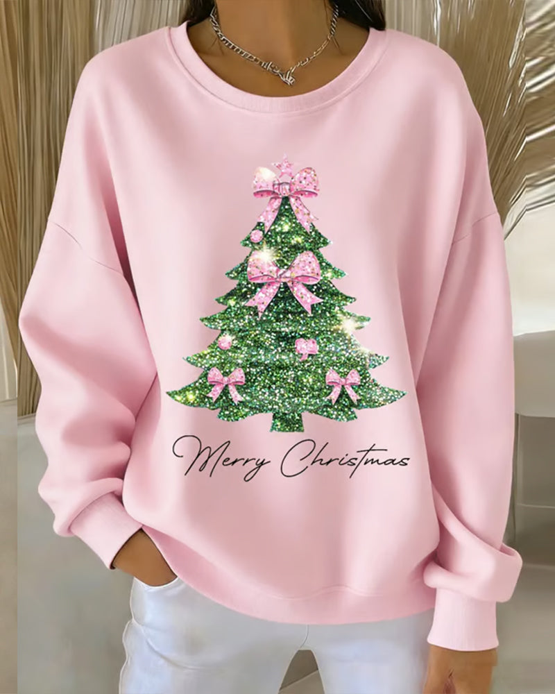 Women's long-sleeve Christmas sweatshirt with a Christmas tree and bow graphic