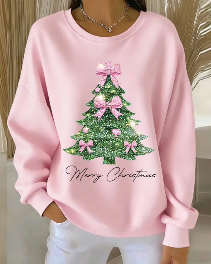 Women's long-sleeve Christmas sweatshirt with a Christmas tree and bow graphic