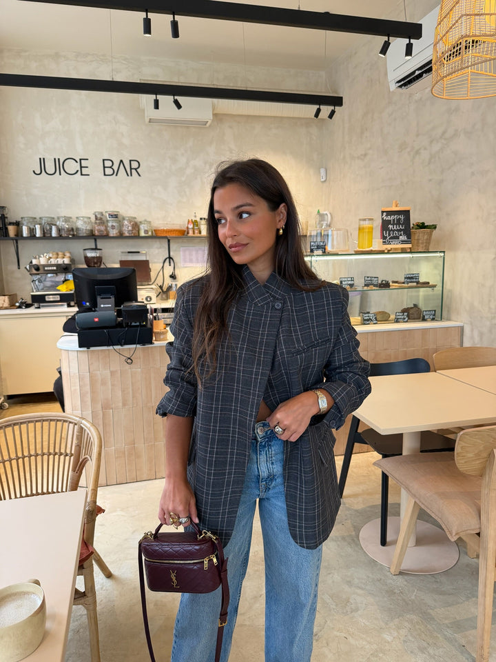 Women's pink plaid tweed blazer with double-breasted buttons and flap pockets
