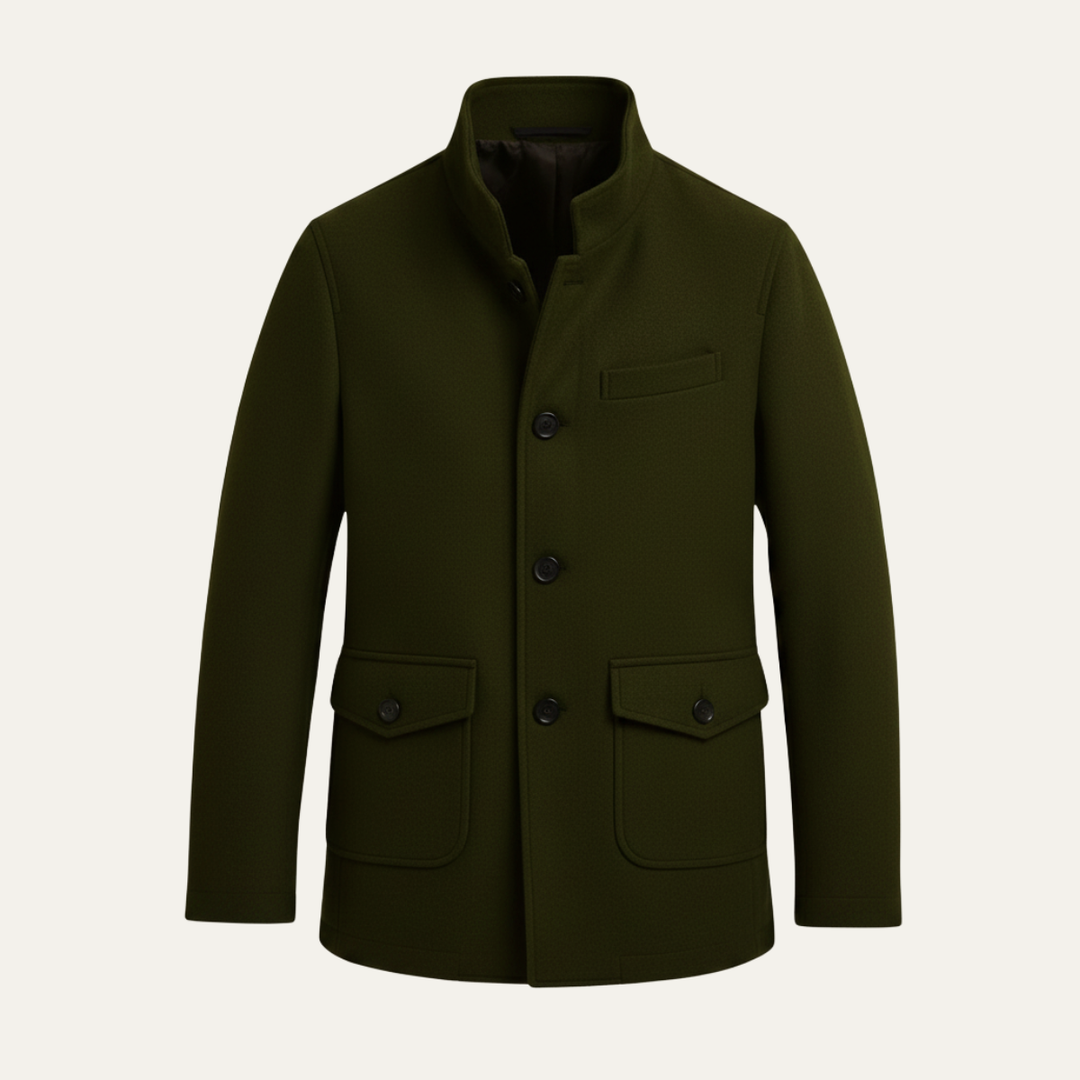 Men's tailored button overcoat with stand collar and flap pockets
