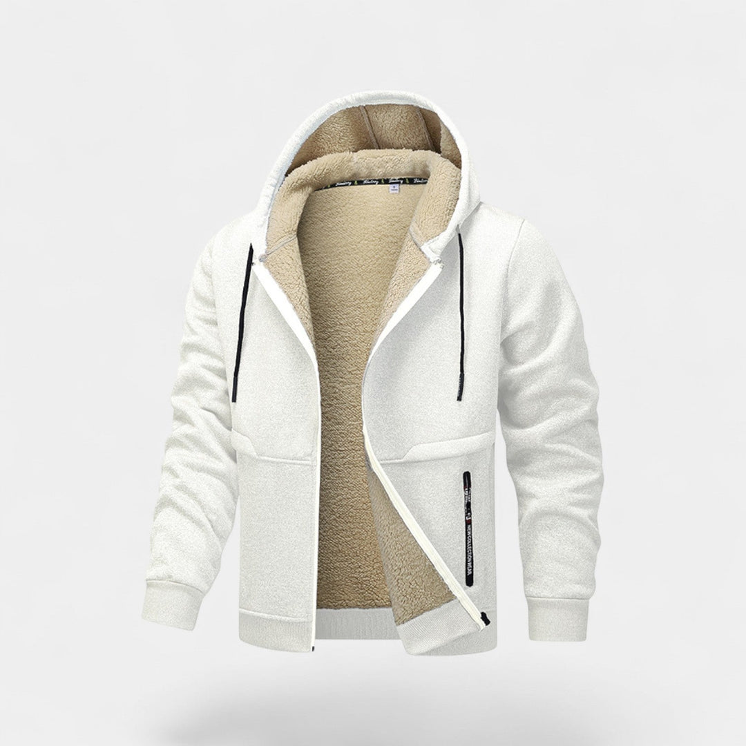 Men's hooded zip jacket with contrast sherpa-style lining and front pockets
