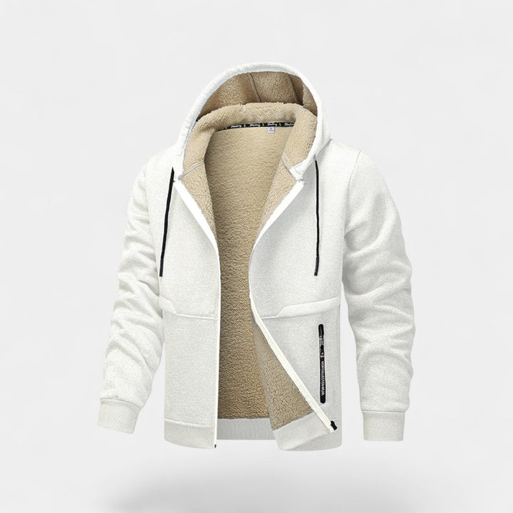 Men's hooded zip jacket with contrast sherpa-style lining and front pockets