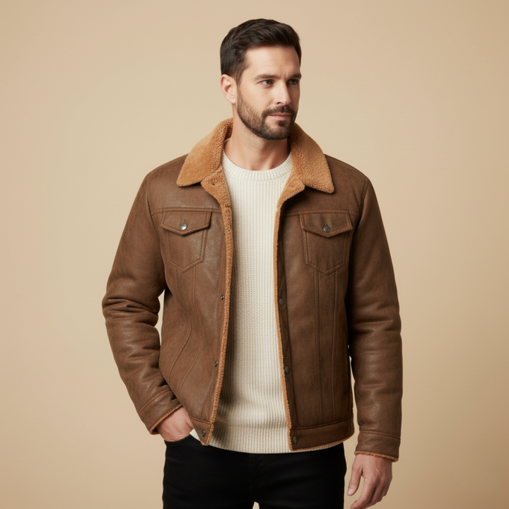 Men's sherpa lined jacket with snap fastening, long sleeves and multiple front pockets