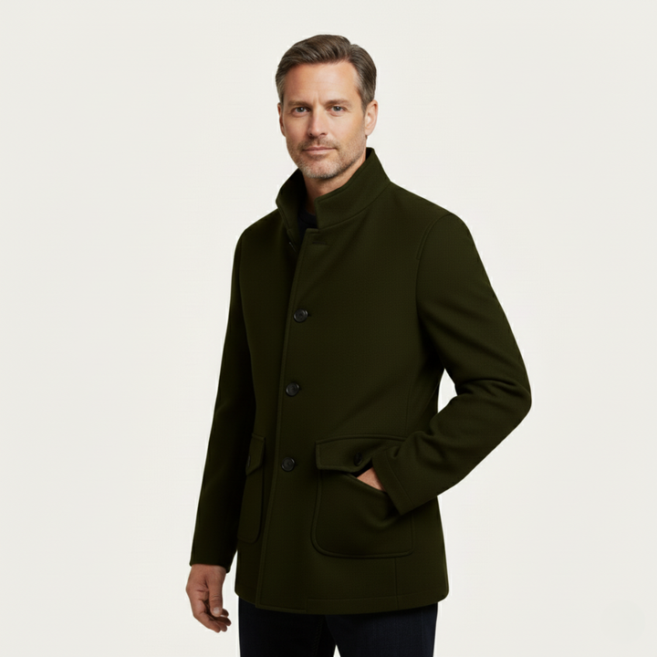 Men's tailored button overcoat with stand collar and flap pockets