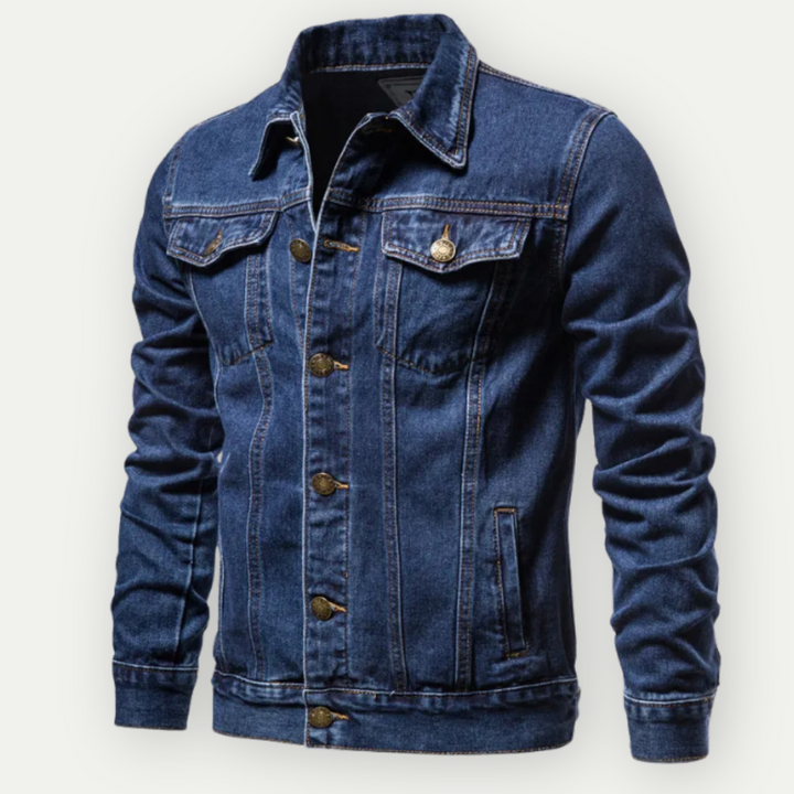 Men's long-sleeve denim trucker jacket with pointed collar, chest pockets and button front