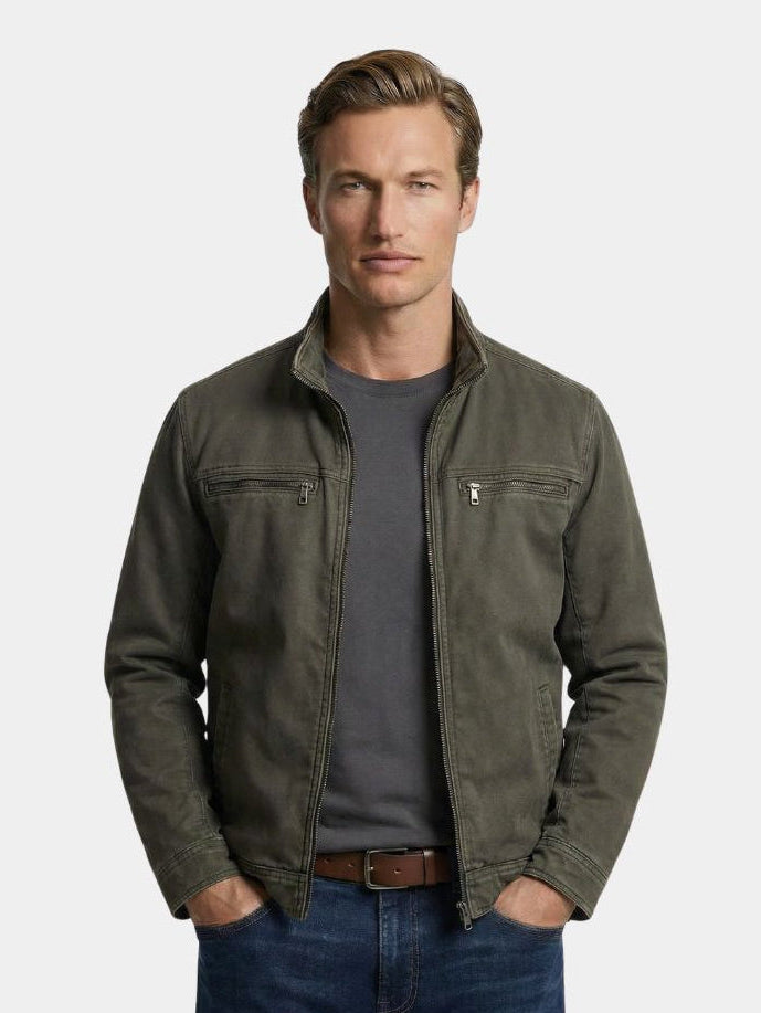 Men's olive field jacket with high collar and zip pockets