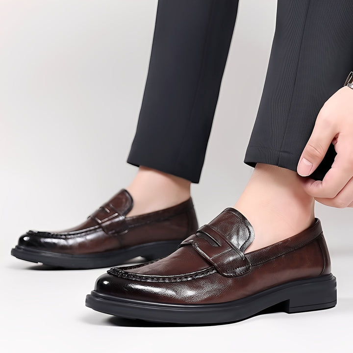 Men's moc toe penny loafers with low block heel