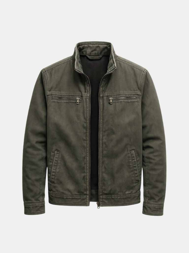 Men's olive field jacket with high collar and zip pockets