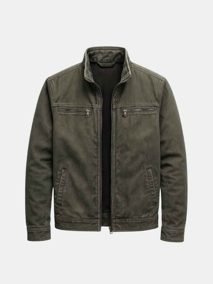 Men's olive field jacket with high collar and zip pockets