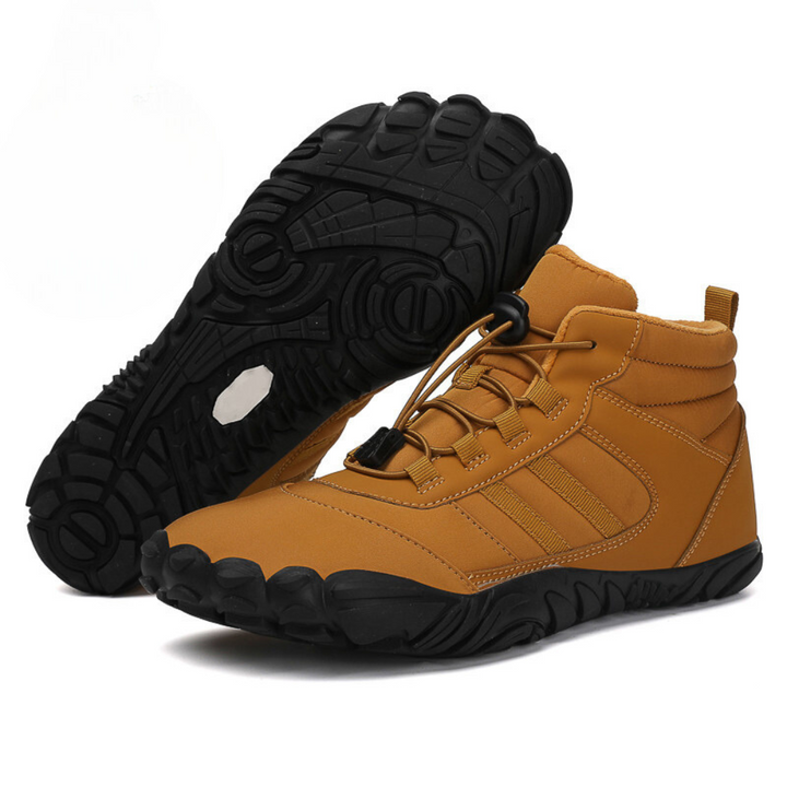 High-top lace-up barefoot boots with rounded toes and textured flat soles