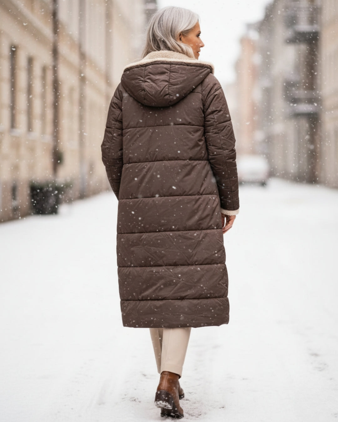 Women's long quilted hooded coat with contrasting textured lining