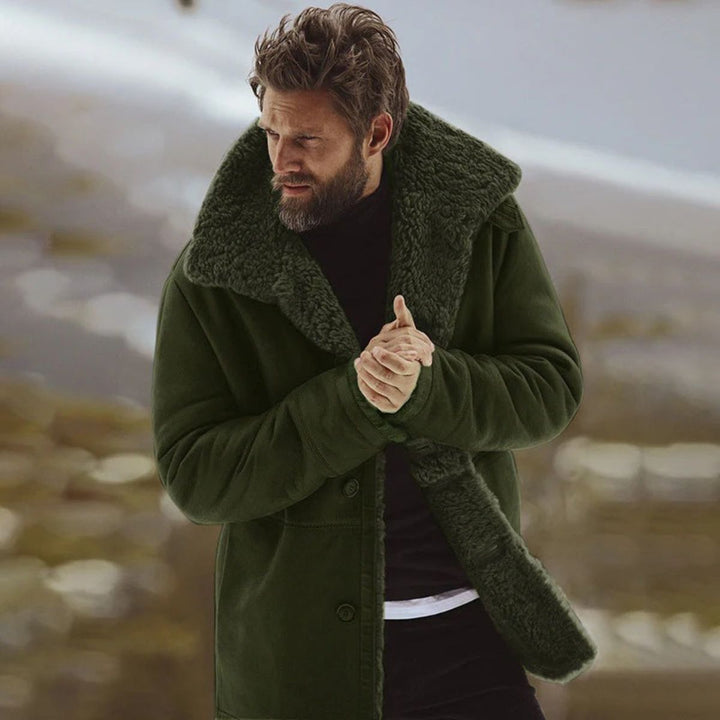 Men's mid-thigh coat with wide textured collar and button front