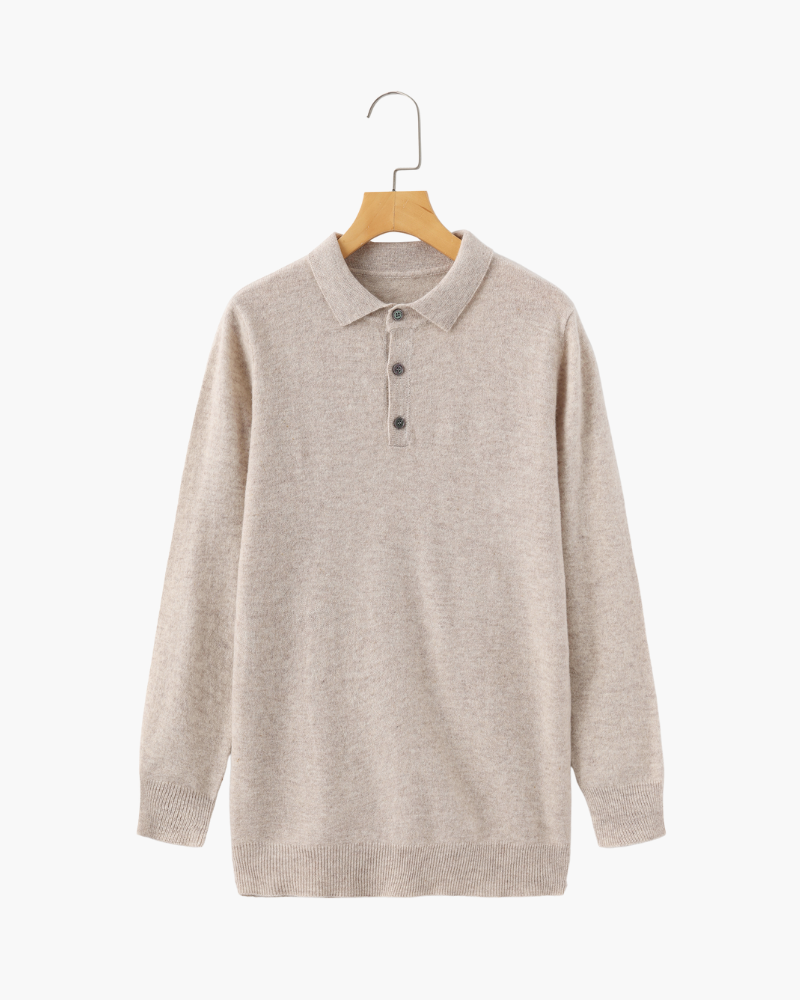 Long sleeve polo sweater with collar and three-button placket