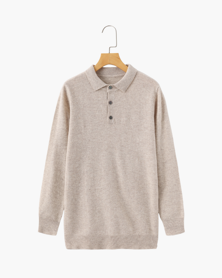Long sleeve polo sweater with collar and three-button placket