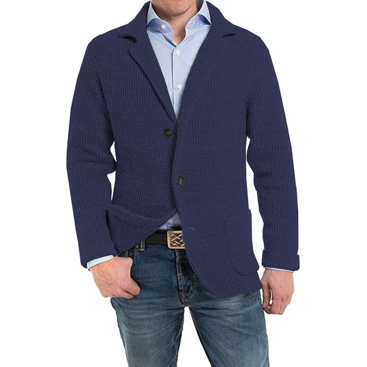 Men's textured button jacket with notch lapels and front patch pockets