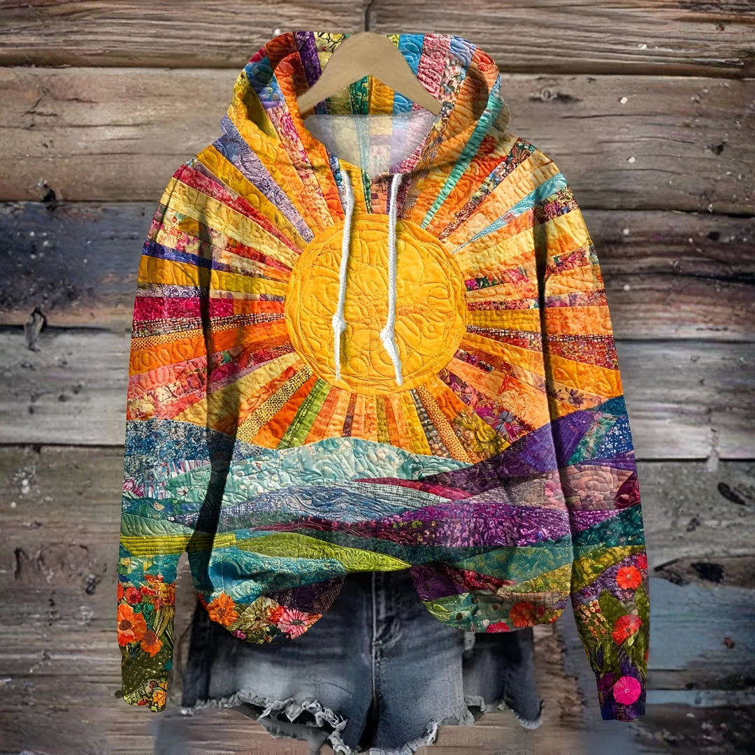 Unisex multicoloured patchwork hoodie with circular front motif