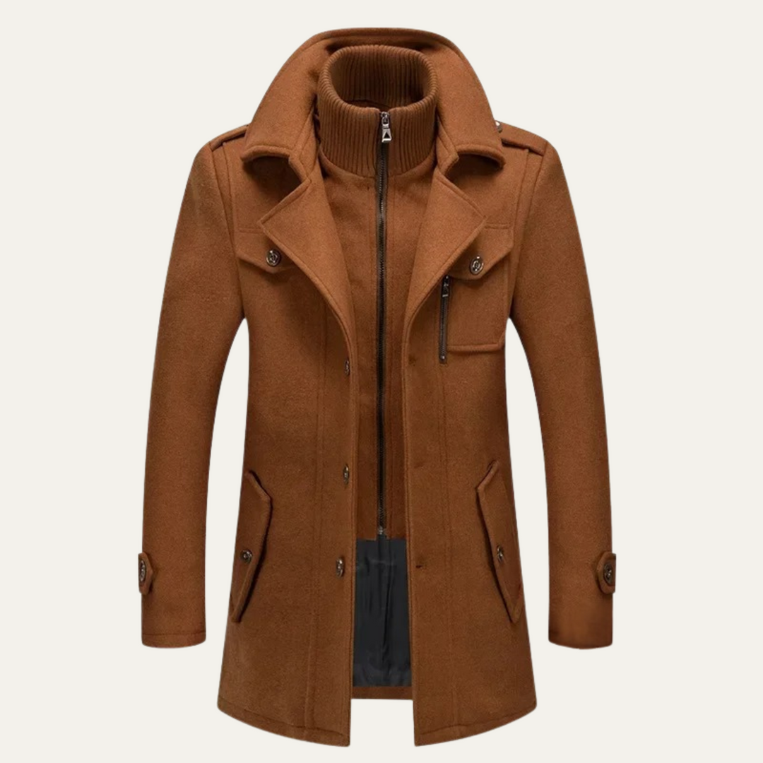 Men's long structured coat with high collar, zip front, buttons and multiple pockets