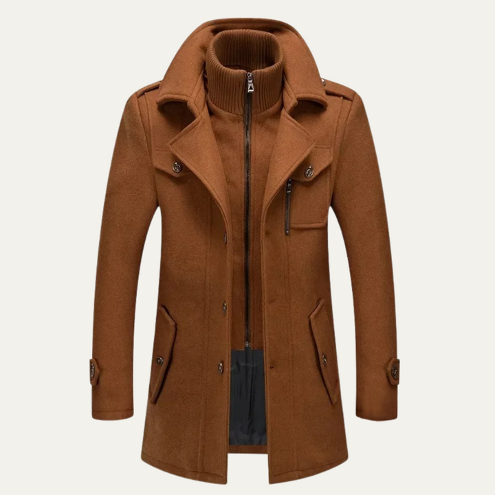 Men's long structured coat with high collar, zip front, buttons and multiple pockets