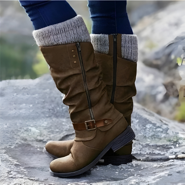 Women's slouch knee-high boots with ribbed cuffs, side zips and buckle straps