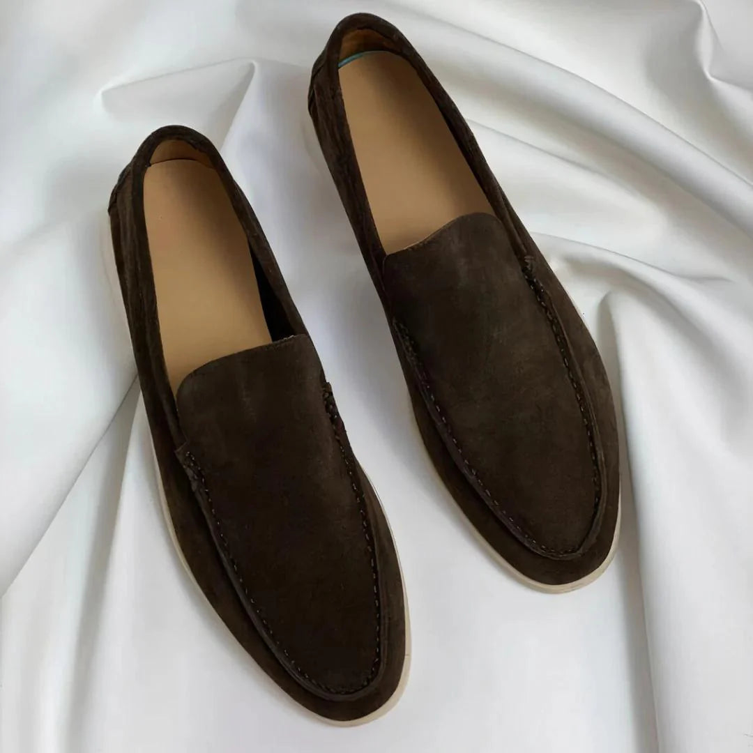 Women's plain suede loafers with almond toes and flat contrasting soles