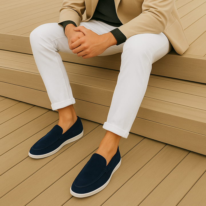 Women's plain suede loafers with almond toes and flat contrasting soles