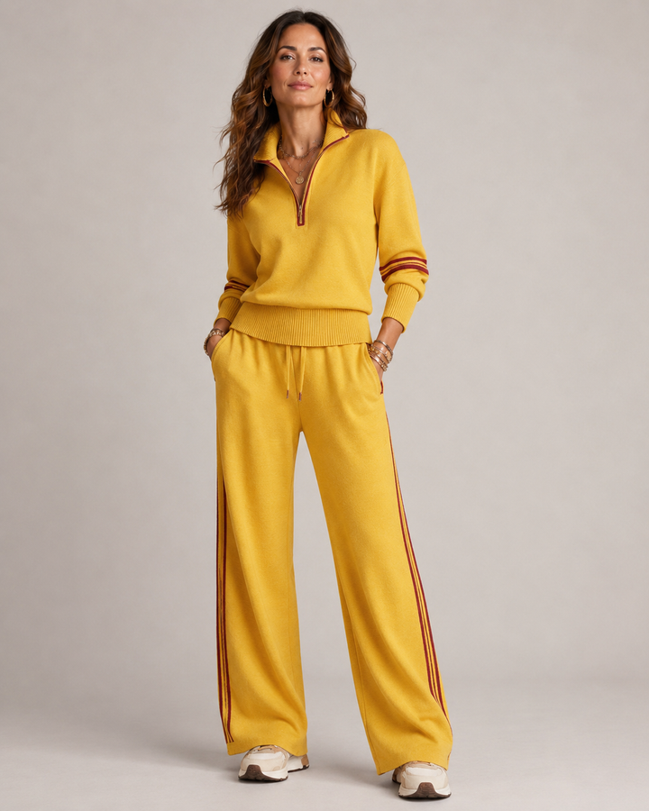 Women's mock-neck zip sweater and wide-leg trousers set with contrast side stripes