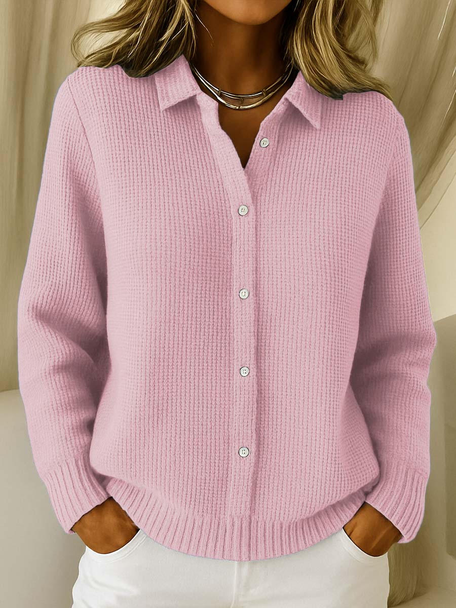Women's ribbed cardigan with shirt collar, long sleeves and button front