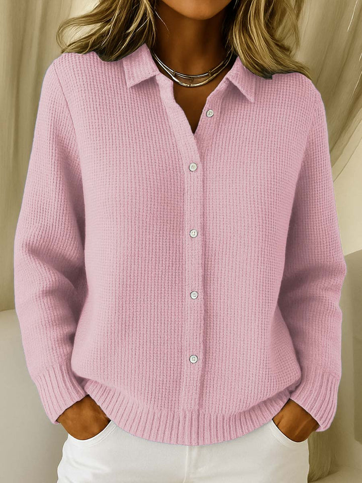 Women's ribbed cardigan with shirt collar, long sleeves and button front